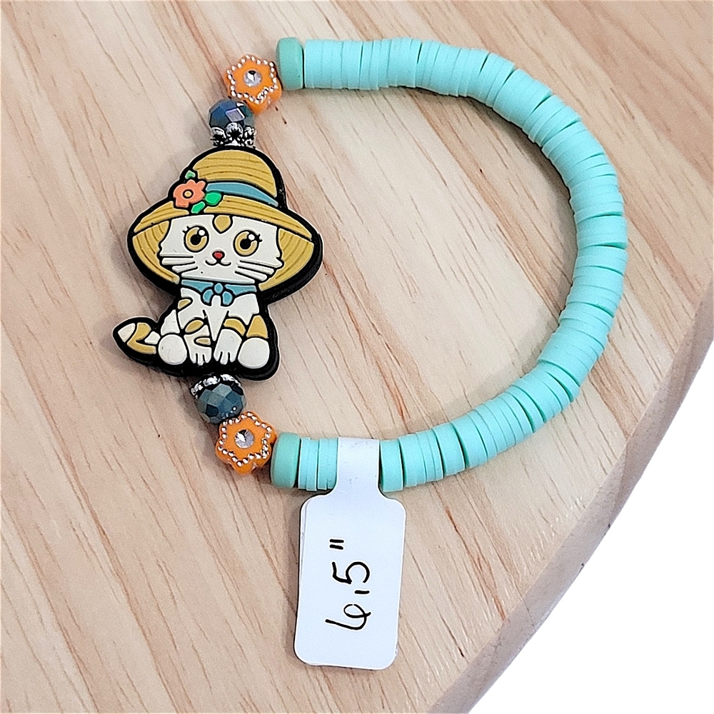 Hand Crafted Cat Bracelet Stretch Teal Polymer Clay Beaded Size 6.5"